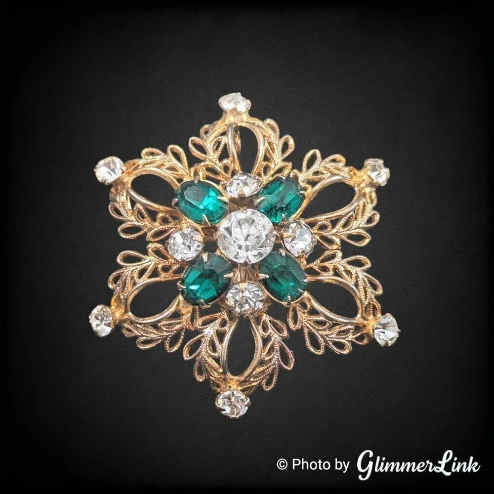 VTG Scitarelli Filigree Flower Green Clear Rhinestones Gold Tone Brooch Pendant